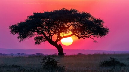 A tree is silhouetted against a vibrant sunset on the African savanna