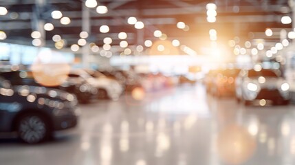 A blurred view of a car showroom with new cars on display, creating an abstract backdrop - obrazy, fototapety, plakaty