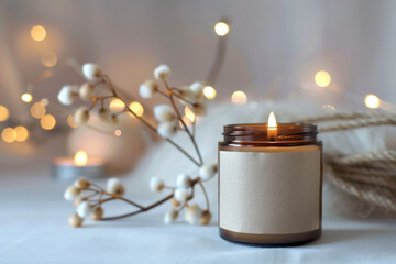 A single lit candle with a blank label, surrounded by festive lights and decor elements, evokes a...
