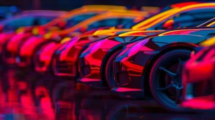 Foto op Plexiglas A row of vibrant cars parked tightly next to each other, showcasing a variety of colors and designs in a parking lot or dealership setting © tashechka