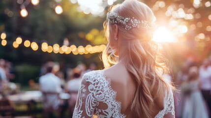 A woman in a wedding dress standing in front of a crowd at a sunset wedding ceremony - obrazy, fototapety, plakaty