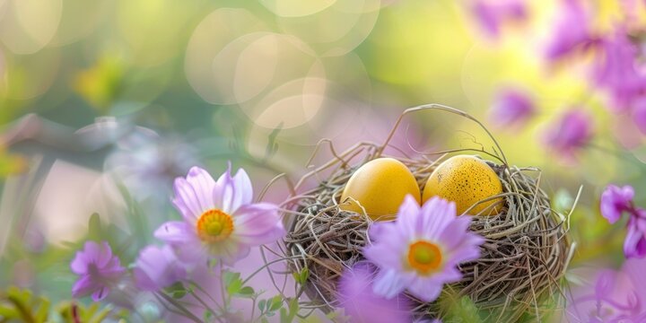 A birds nest containing two yellow eggs amid purple flowers