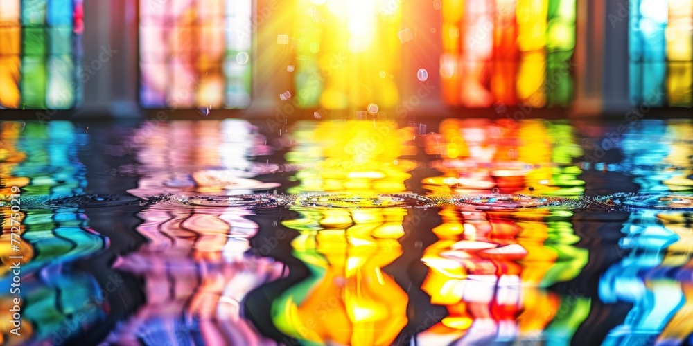 Aufkleber detailed view of a vibrant stained glass window with multiple colors and intricate patterns, in focu