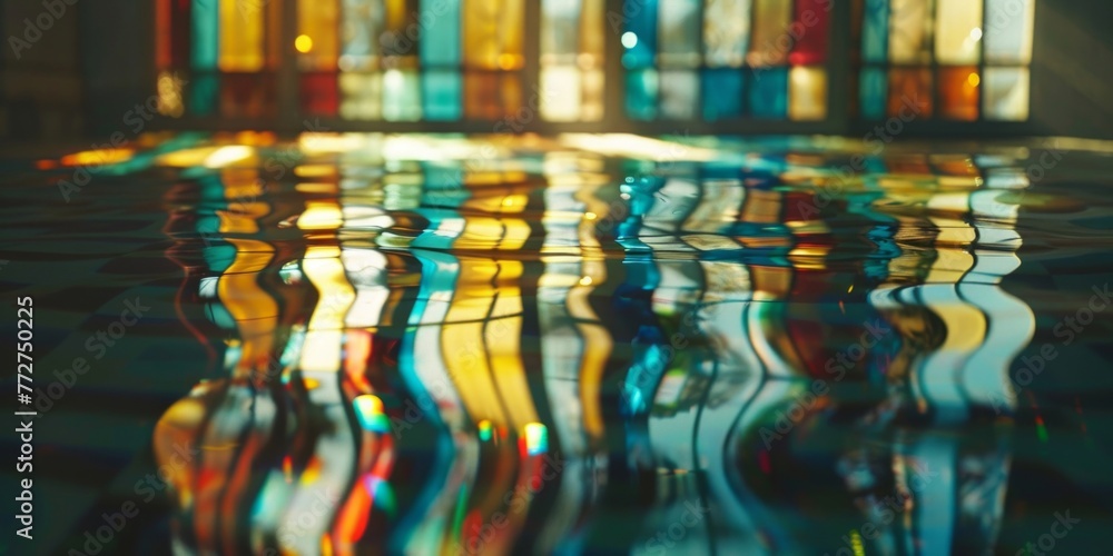 Poster a close-up view of a buildings reflection in a pool of water, creating a mirrored image of the archi