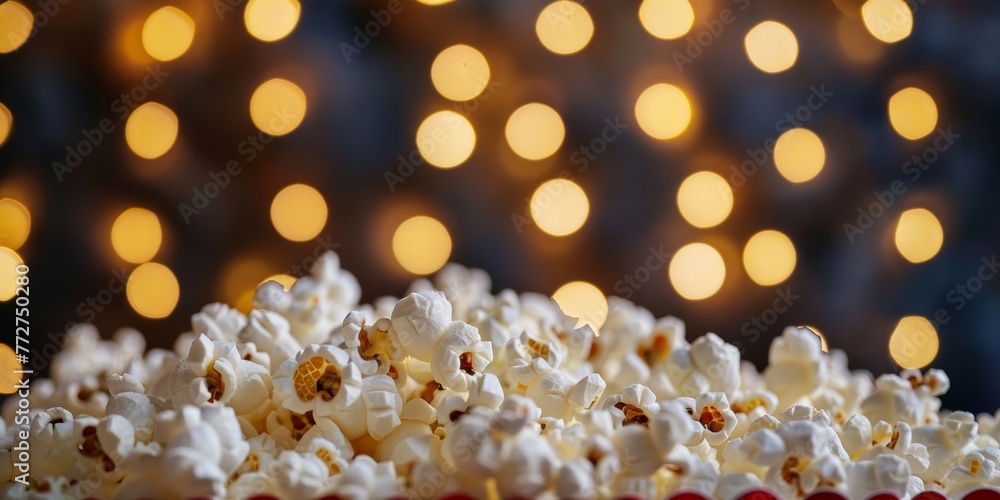 Aufkleber a close-up view of a pile of popcorn sitting on top of a table, with a warm bokeh in the background