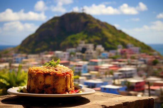 Puerto Rican mofongo with a view of a vibrant San Juan village.