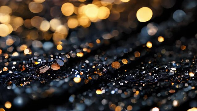 Against a black backdrop, countless golden particles glitter and shine. The particles drift while reflecting light, displaying dynamic and fluid motion.