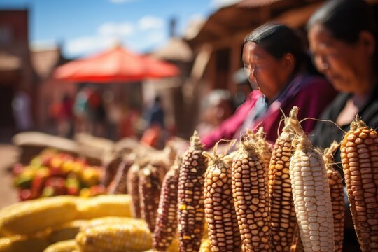 Mexican street corn on a festive market street in a traditional village.