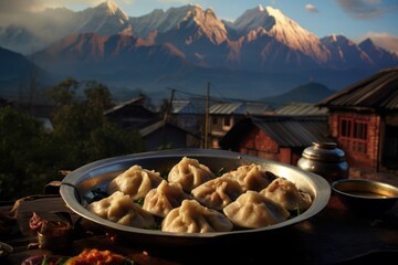 Nepalese momos with a backdrop of a Himalayan mountain village. - obrazy, fototapety, plakaty