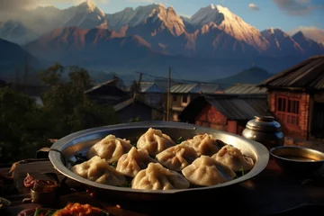 Tuinposter Nepalese momos with a backdrop of a Himalayan mountain village. © OhmArt