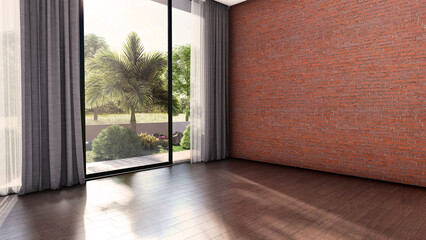 Modern empty living room with large window and curtains