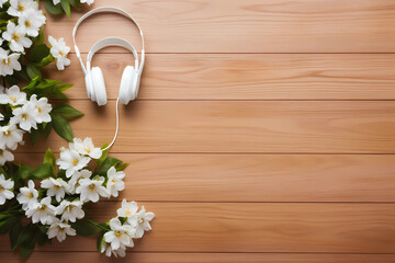  Springtime background with white headphones and jasmine flowers on a wooden table, in a flat lay