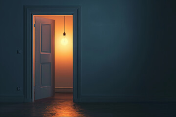 A glowing lightbulb behind a door in an empty room