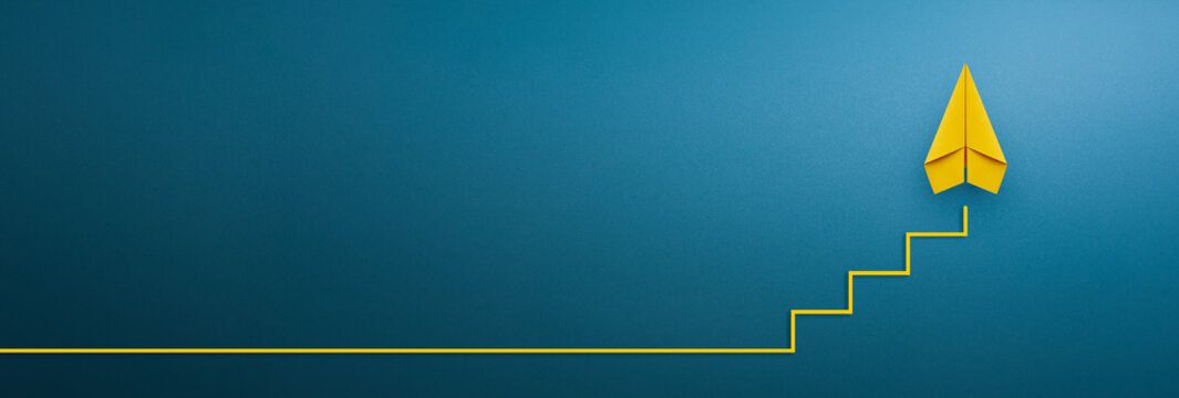 Ladder of success in business growth concept with yellow paper plane floating as step stair, copy space