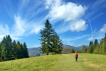 Hiker woman with backpack walking on mauntins trail and viewing landscape in autumn sunny day.