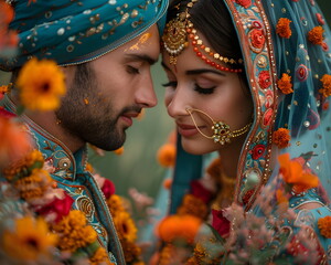 Indian wedding ceremony. Happy Indian couple, wedding and smile of love, compassion or romance along with care and joy.