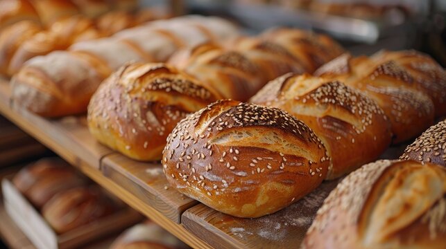 Artisan bread bakery, fresh loaves out of the oven, warm and inviting
