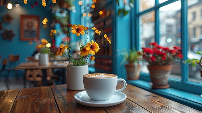 Coffee shop frequented by freelancers, cozy and creative workspace alternative