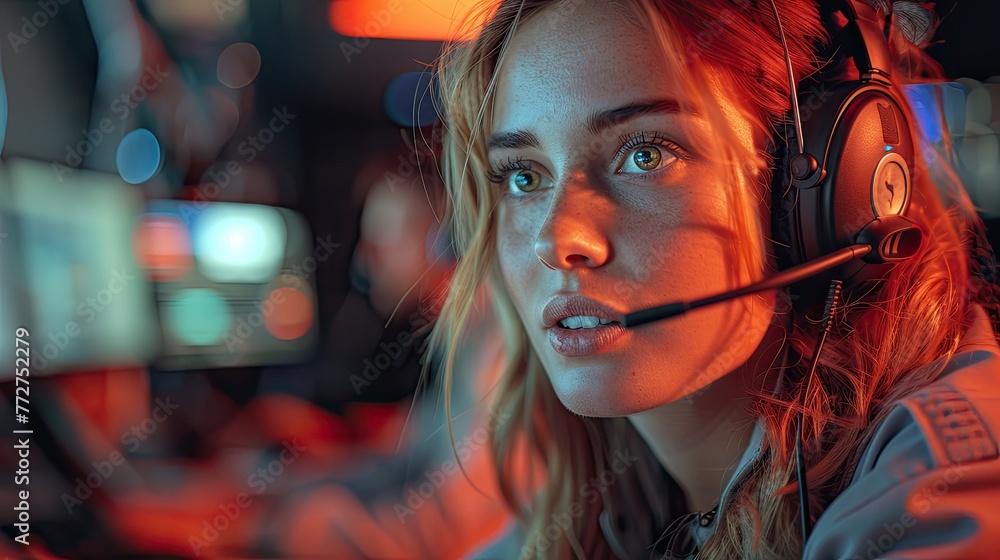 Poster Customer service representatives managing calls in a busy call center