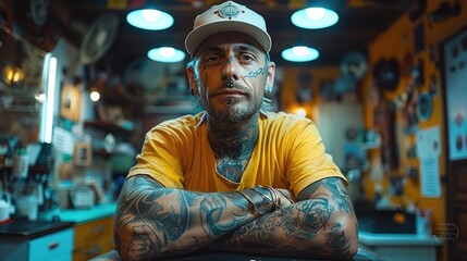 Creative tattoo studio, artist at work, unique designs and expressive atmosphere