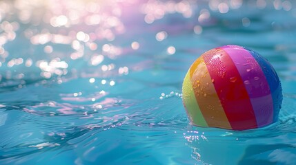 Colorful inflatable ball floating in swimming pool with bokeh background - obrazy, fototapety, plakaty