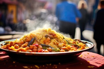 Moroccan couscous on a bustling Marrakech street.
