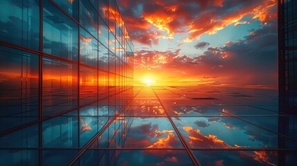 High-rise office building at sunset, modern architecture, glass faÃ§ade reflecting golden hour