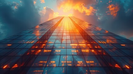 High-rise office building at sunset, modern architecture, glass faÃ§ade reflecting golden hour