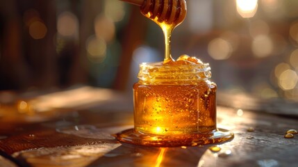 Honey oozing from dipper over jar - obrazy, fototapety, plakaty