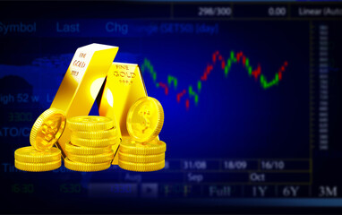 3D rendering gold bars with coins, Market graph, and chart illustration blurred background, concept business finance growth, stock investment, and economic success 