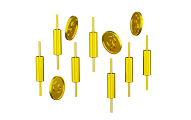 3D rendering gold candlesticks with coins concept forex trading