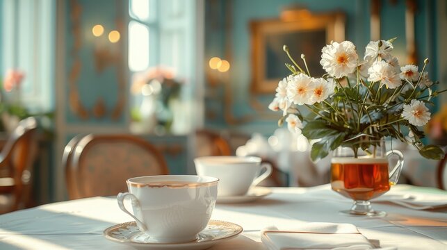 Traditional tea room, serene and cultured, fine teas and elegant service