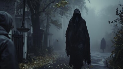 Eerie hooded figure walking in foggy street with leaf-strewn pavement, foreboding presence - obrazy, fototapety, plakaty