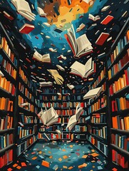 Pop art, magical bookshop where the books fly off the shelves and arrange themselves in midair , Pop art style - obrazy, fototapety, plakaty