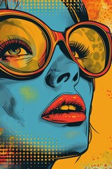 Pop art, pair of sunglasses that cPop art, see into the future, showing visions in the lenses , Pop art style