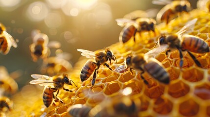 Close up view of the working bees on honeycells - obrazy, fototapety, plakaty
