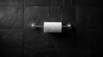 Toilet paper roll on holder, dark tiles background.