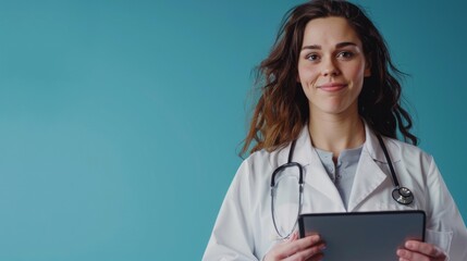 Beautiful female medic working with a digital tablet on a blue background. Family doctor.