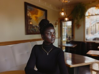 Portrait of an African American woman wearing a black turtleneck. Fashion and beauty.