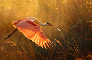 Obraz premium An orange and pink roseate spoonbill in flight