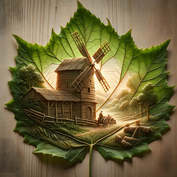 An intricate leaf carving depicting an abandoned windmill. The scene is set in a rustic countryside, with the windmill's sails motionless and worn