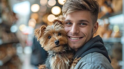 Portrait of happy man with beloved dog in pet shop - obrazy, fototapety, plakaty