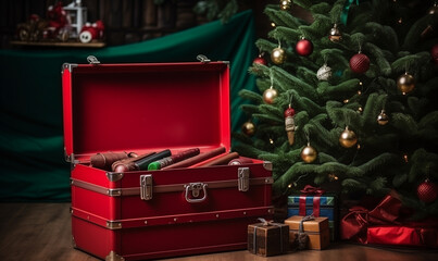 Set of wrenches in wooden box near Christmas tree with copy space