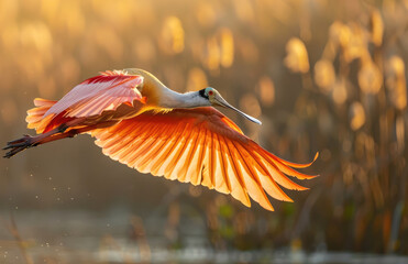 Obraz premium An orange and pink roseate spoonbill in flight