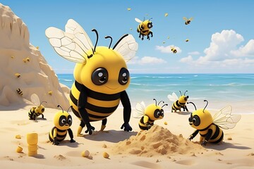 Honey bee family on the beach. 3d render illustration. - obrazy, fototapety, plakaty