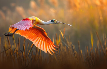 An orange and pink roseate spoonbill in flight