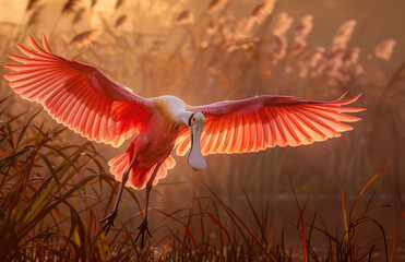 Naklejka premium An orange and pink roseate spoonbill in flight