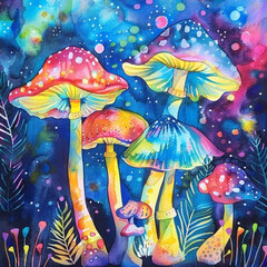 Psychedelic Mushroom Watercolor Background - obrazy, fototapety, plakaty