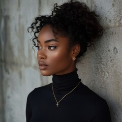 Portrait of an African American woman wearing a black turtleneck with a chain and a Catholic cross around her neck. Fashion and beauty, religiosity.