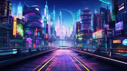 Zelfklevend Fotobehang The picture of the neon night time futuristic cyberpunk scifi metropolis yet bright with neon light that fill everywhere of metropolis and fill with tall building and long roadway at night. AIGX01. © Summit Art Creations